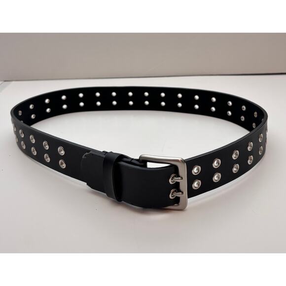 Black Leather Punk Grommet Unisex Belt Double Prong Buckle Y2K Emo Grunge Size M - Picture 2 of 7